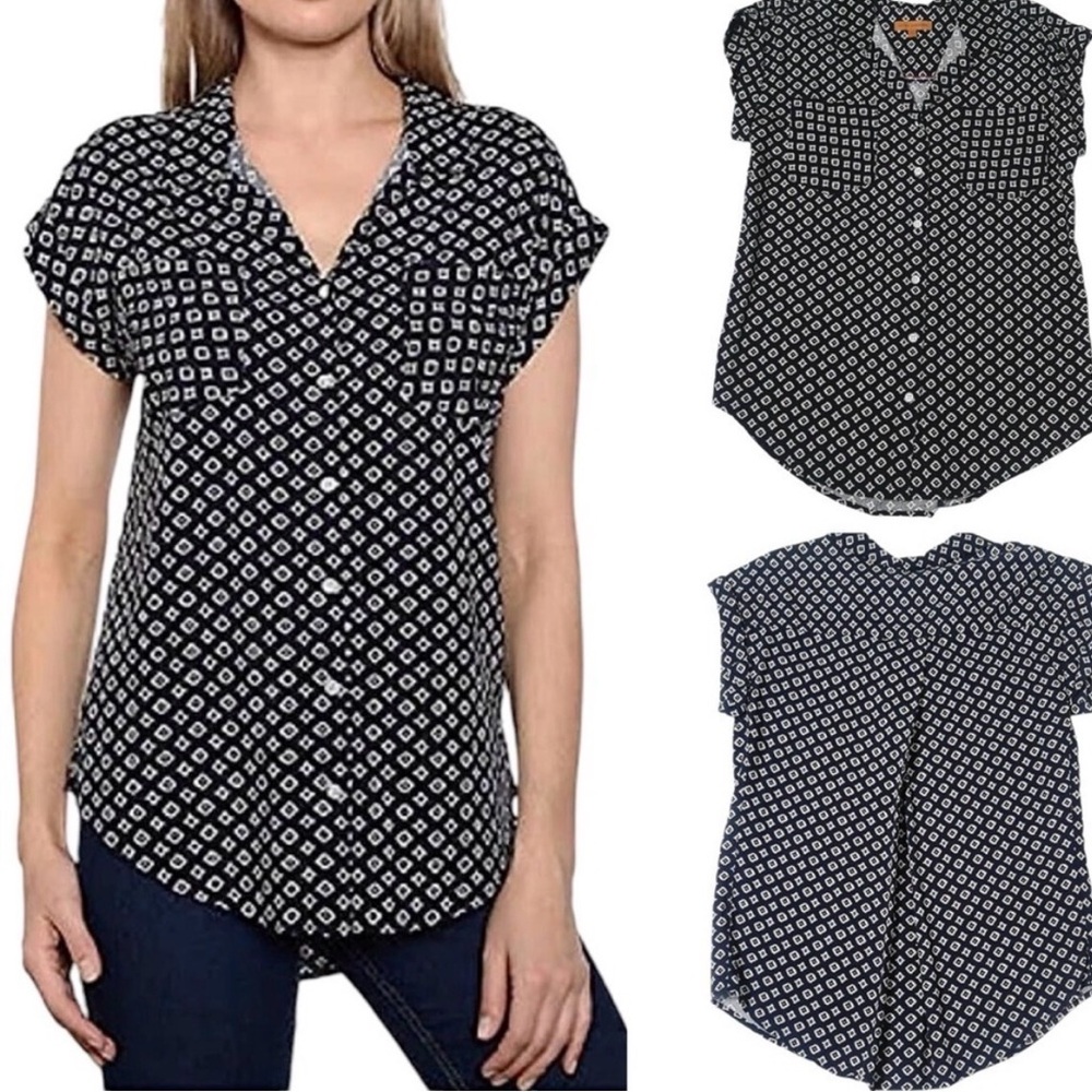 Jach's New York Women's Short Sleeve V Neck Blouse Navy Size XL Lightweight